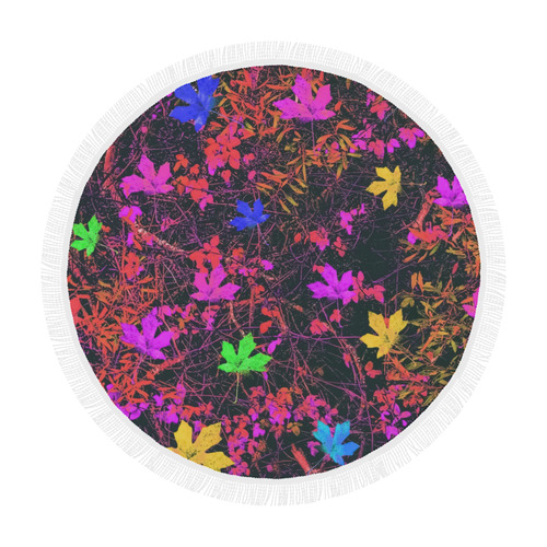 maple leaf in yellow green pink blue red with red and orange creepers plants background Circular Beach Shawl 59"x 59"