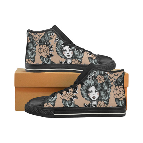 ink girl - flower hair pattern Women's Classic High Top Canvas Shoes (Model 017)