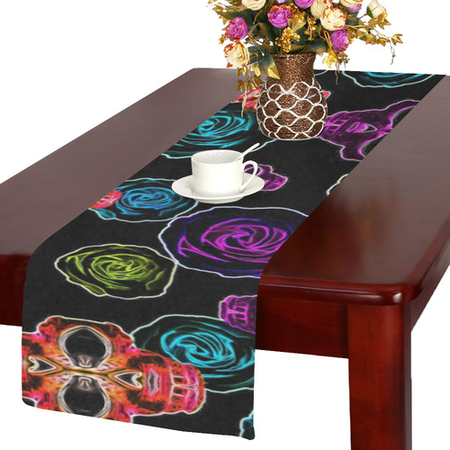 skull art portrait and roses in pink purple blue yellow with black background Table Runner 14x72 inch