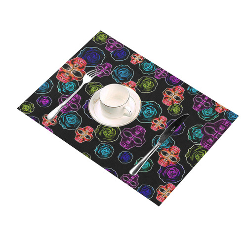 skull art portrait and roses in pink purple blue yellow with black background Placemat 14’’ x 19’’ (Two Pieces)