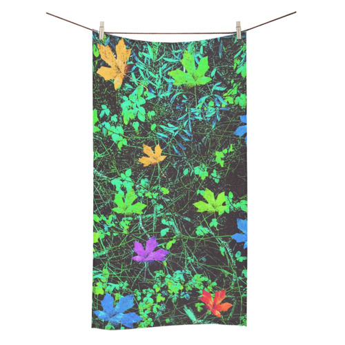 maple leaf in pink blue green yellow orange with green creepers plants background Bath Towel 30"x56"