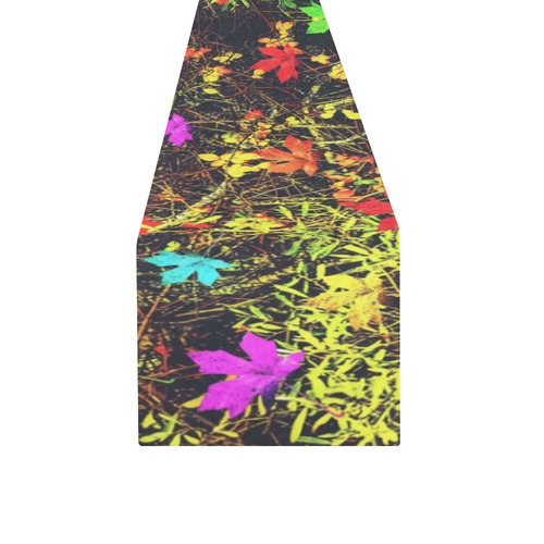 maple leaf in blue red green yellow pink orange with green creepers plants background Table Runner 14x72 inch