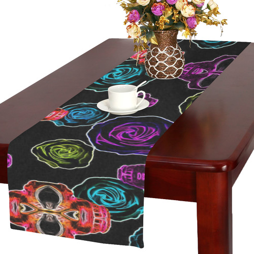 skull art portrait and roses in pink purple blue yellow with black background Table Runner 16x72 inch