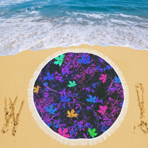 maple leaf in pink blue green yellow purple with pink and purple creepers plants background Circular Beach Shawl 59"x 59"