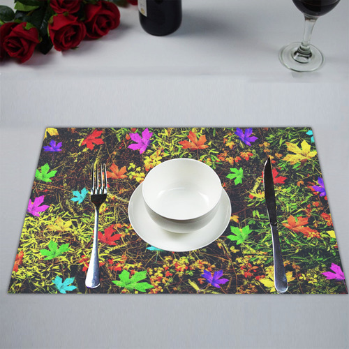 maple leaf in blue red green yellow pink orange with green creepers plants background Placemat 14’’ x 19’’