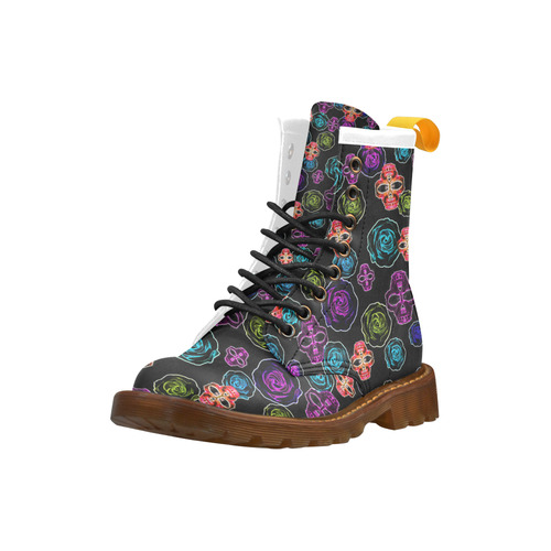 skull art portrait and roses in pink purple blue yellow with black background High Grade PU Leather Martin Boots For Women Model 402H