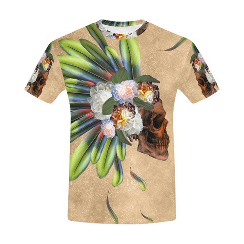 Amazing skull with feathers and flowers All Over Print T-Shirt for Men (USA Size) (Model T40)