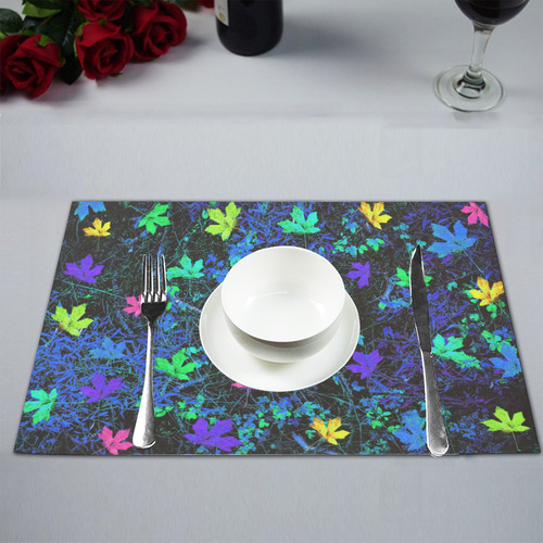 maple leaf in pink green purple blue yellow with blue creepers plants background Placemat 12’’ x 18’’ (Set of 6)