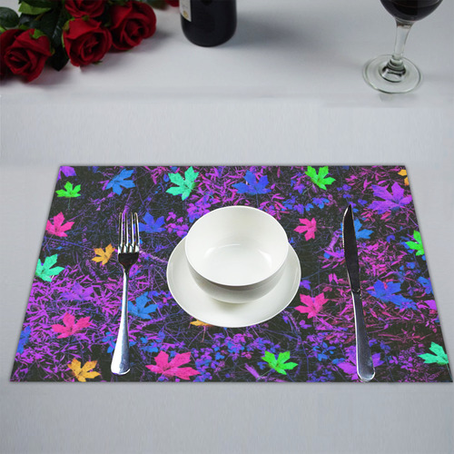 maple leaf in pink blue green yellow purple with pink and purple creepers plants background Placemat 14’’ x 19’’ (Set of 6)