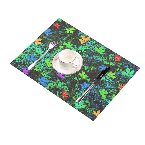 maple leaf in pink blue green yellow orange with green creepers plants background Placemat 14’’ x 19’’