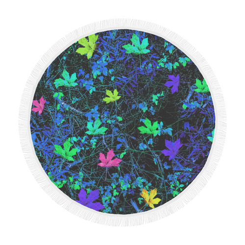 maple leaf in pink green purple blue yellow with blue creepers plants background Circular Beach Shawl 59"x 59"