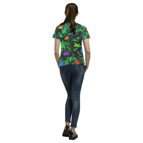 maple leaf in pink blue green yellow orange with green creepers plants background All Over Print T-Shirt for Women (USA Size) (Model T40)