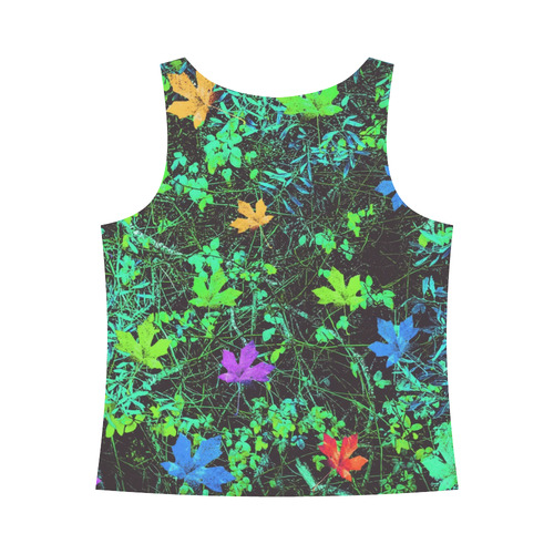 maple leaf in pink blue green yellow orange with green creepers plants background All Over Print Tank Top for Women (Model T43)