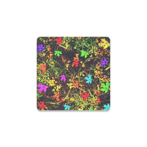 maple leaf in blue red green yellow pink orange with green creepers plants background Square Coaster