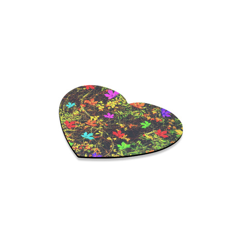 maple leaf in blue red green yellow pink orange with green creepers plants background Heart Coaster