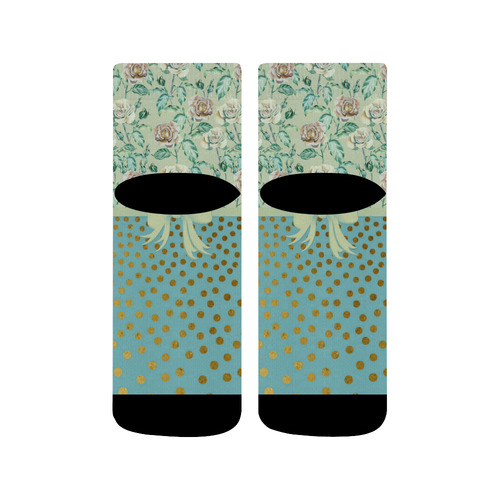 Vintage Roses Polka Dots Ribbon - Teal Gold Quarter Socks