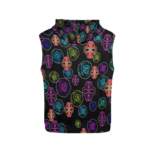skull art portrait and roses in pink purple blue yellow with black background All Over Print Sleeveless Hoodie for Men (Model H15)