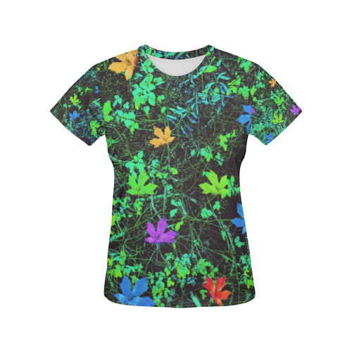 maple leaf in pink blue green yellow orange with green creepers plants background All Over Print T-Shirt for Women (USA Size) (Model T40)