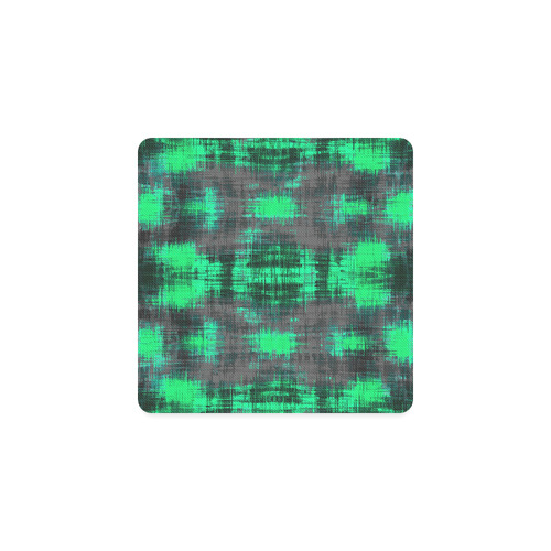 psychedelic geometric plaid abstract pattern in green and black Square Coaster