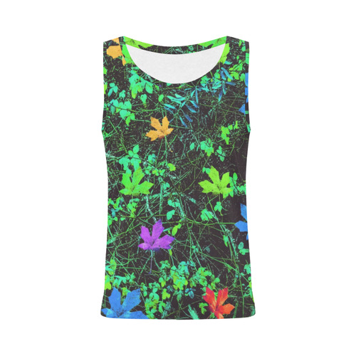 maple leaf in pink blue green yellow orange with green creepers plants background All Over Print Tank Top for Women (Model T43)