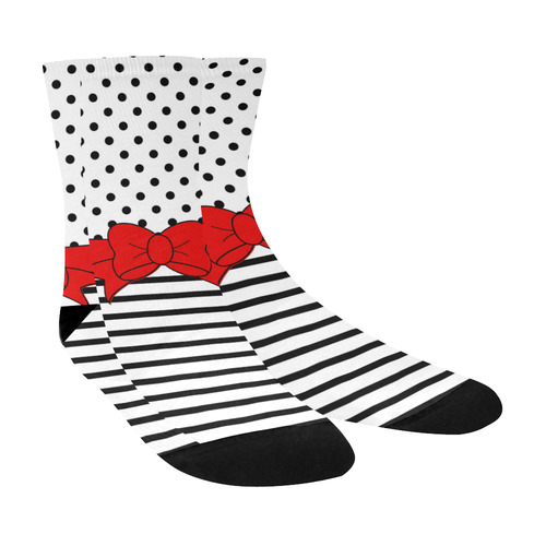 Polka Dots Stripes black white Comic Ribbon red Crew Socks