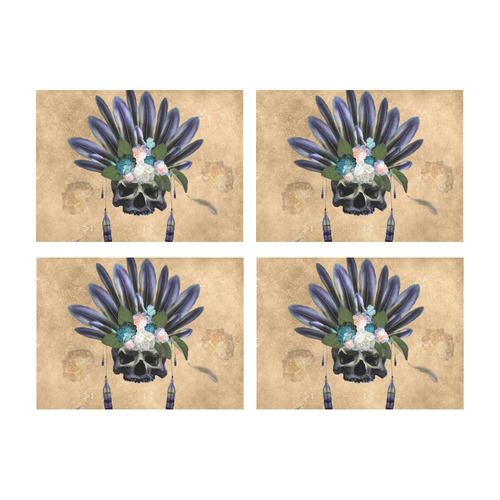 Cool skull with feathers and flowers Placemat 14’’ x 19’’ (Four Pieces)