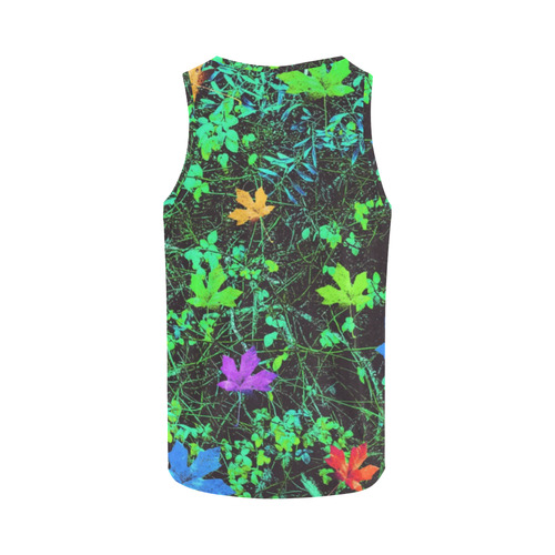 maple leaf in pink blue green yellow orange with green creepers plants background All Over Print Tank Top for Men (Model T43)