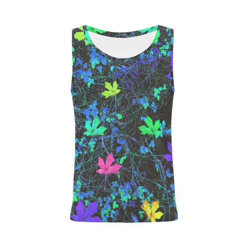 maple leaf in pink green purple blue yellow with blue creepers plants background All Over Print Tank Top for Women (Model T43)