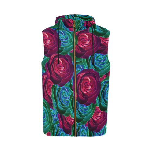 closeup blooming roses in red blue and green All Over Print Sleeveless Zip Up Hoodie for Men (Model H16)