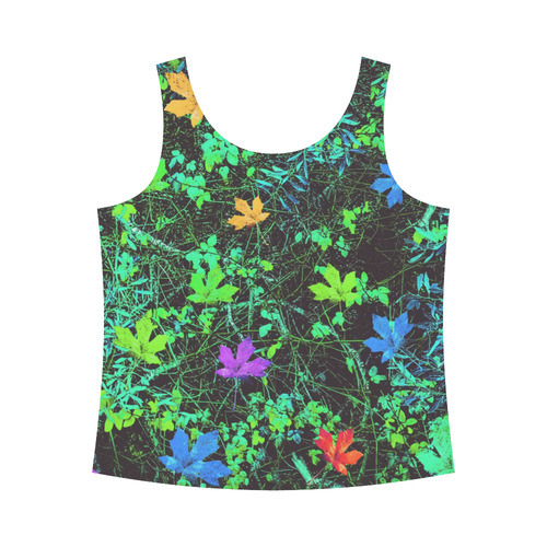 maple leaf in pink blue green yellow orange with green creepers plants background All Over Print Tank Top for Women (Model T43)