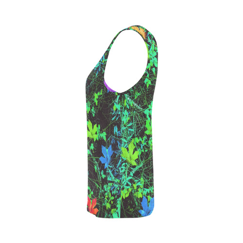 maple leaf in pink blue green yellow orange with green creepers plants background All Over Print Tank Top for Women (Model T43)