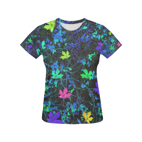 maple leaf in pink green purple blue yellow with blue creepers plants background All Over Print T-Shirt for Women (USA Size) (Model T40)
