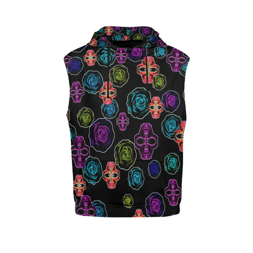 skull art portrait and roses in pink purple blue yellow with black background All Over Print Sleeveless Hoodie for Men (Model H15)
