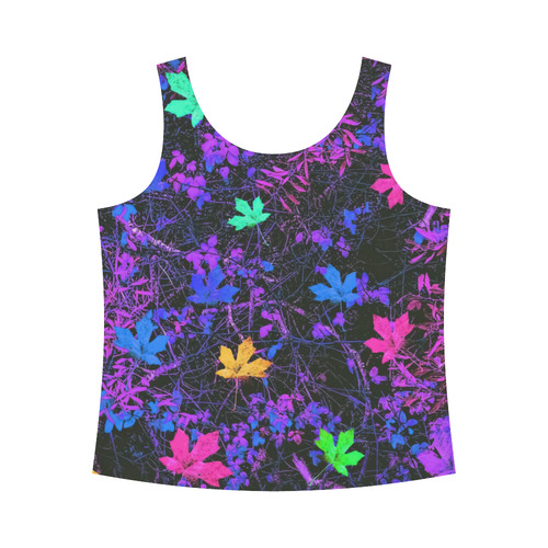 maple leaf in pink blue green yellow purple with pink and purple creepers plants background All Over Print Tank Top for Women (Model T43)