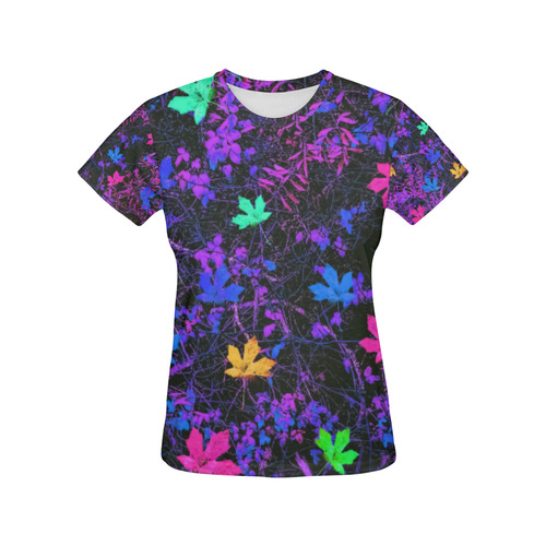 maple leaf in pink blue green yellow purple with pink and purple creepers plants background All Over Print T-Shirt for Women (USA Size) (Model T40)