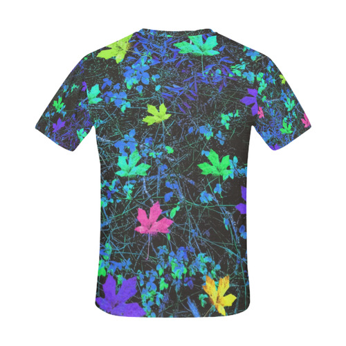 maple leaf in pink green purple blue yellow with blue creepers plants background All Over Print T-Shirt for Men (USA Size) (Model T40)