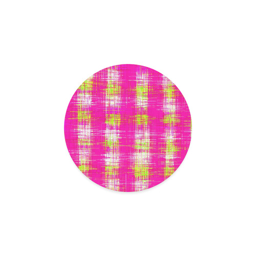 plaid pattern graffiti painting abstract in pink and yellow Round Coaster