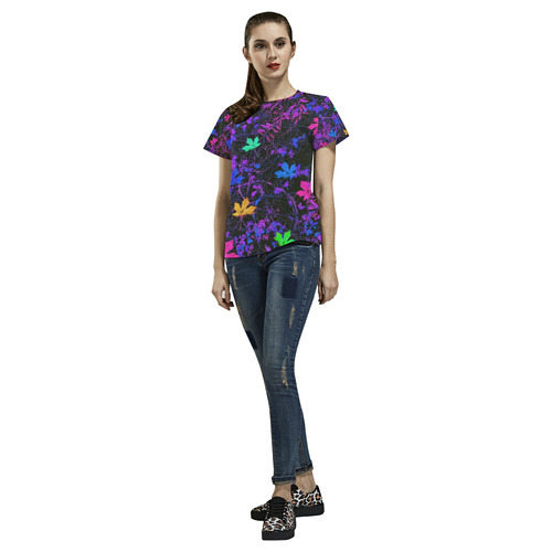 maple leaf in pink blue green yellow purple with pink and purple creepers plants background All Over Print T-Shirt for Women (USA Size) (Model T40)