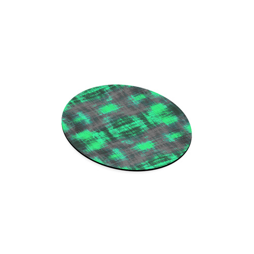 psychedelic geometric plaid abstract pattern in green and black Round Coaster