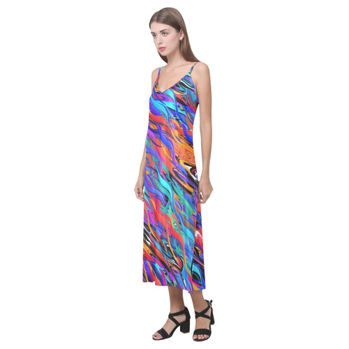 Colorful Water Fire Design by Juleez V-Neck Open Fork Long Dress(Model D18)