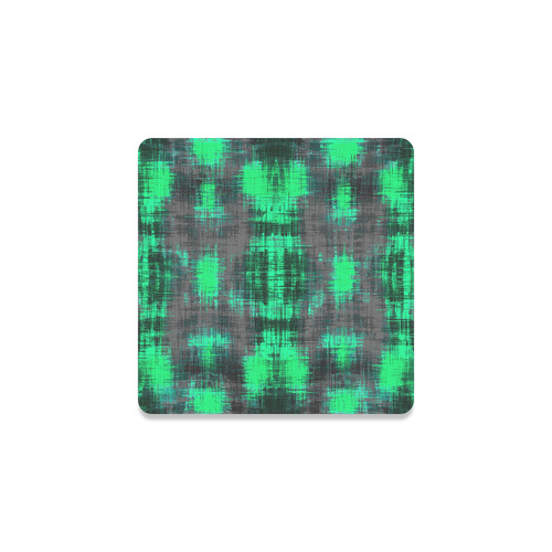 psychedelic geometric plaid abstract pattern in green and black Square Coaster