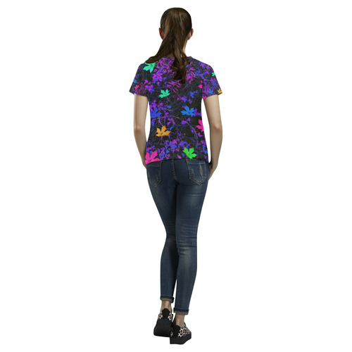 maple leaf in pink blue green yellow purple with pink and purple creepers plants background All Over Print T-Shirt for Women (USA Size) (Model T40)