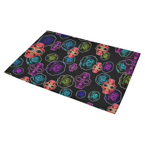 skull art portrait and roses in pink purple blue yellow with black background Azalea Doormat 30" x 18" (Sponge Material)