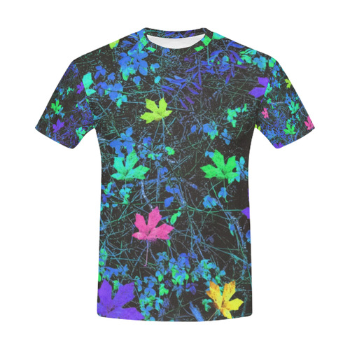 maple leaf in pink green purple blue yellow with blue creepers plants background All Over Print T-Shirt for Men (USA Size) (Model T40)