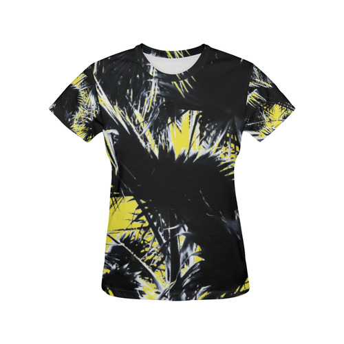 black and white palm leaves with yellow background All Over Print T-Shirt for Women (USA Size) (Model T40)