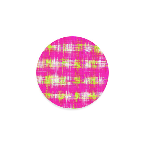 plaid pattern graffiti painting abstract in pink and yellow Round Coaster