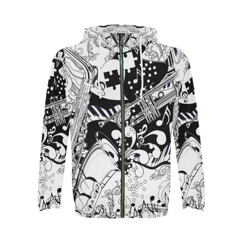 Piano Print Hoodie Sax Trumpet Design All Over Print Full Zip Hoodie for Men (Model H14)