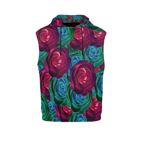 closeup blooming roses in red blue and green All Over Print Sleeveless Hoodie for Men (Model H15)