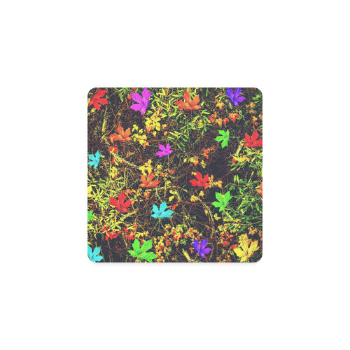 maple leaf in blue red green yellow pink orange with green creepers plants background Square Coaster