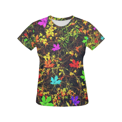 maple leaf in blue red green yellow pink orange with green creepers plants background All Over Print T-Shirt for Women (USA Size) (Model T40)